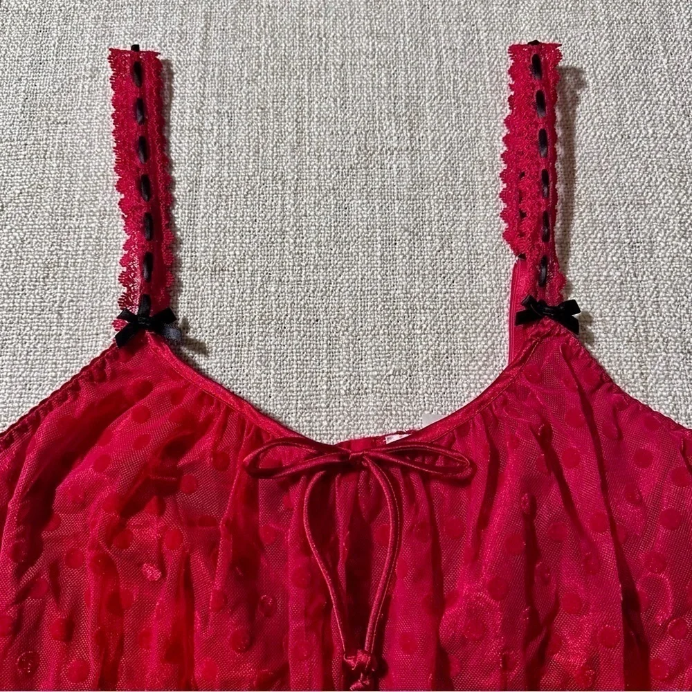LINEA DONATELLA Entice Me Red Dot Semi Sheer Chemise Lace Bra Cami Women's M